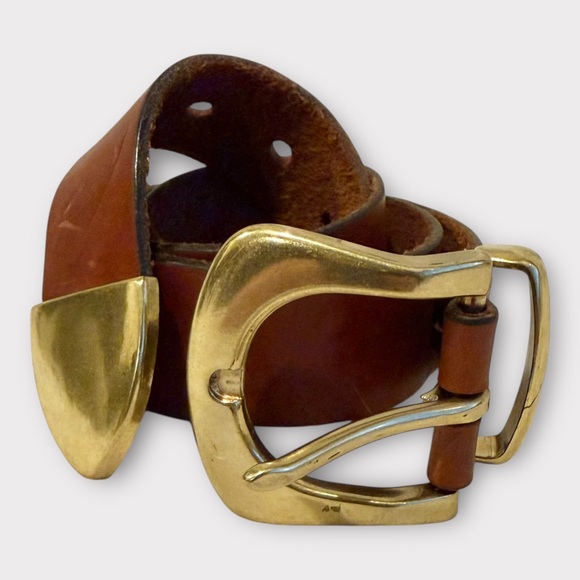 Vintage Cognac Brown Leather Belt with Brass Buckle Sz M - Picture 6 of 6